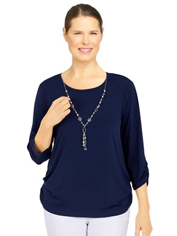 Alfred Dunner Sloane Street Knit shirred Hem Top With Necklace - Image 5 of 5