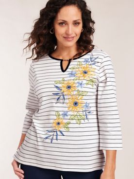 Alfred Dunner® Pinstripe Knit Top with Sunflowers