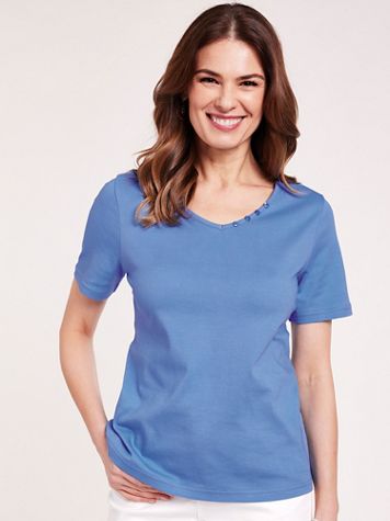 Essential Knit V-Neck Button Trim Tee - Image 1 of 5