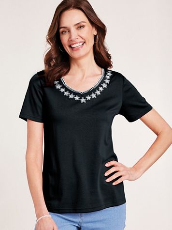 V-Neck Embroidered Knit Top - Image 1 of 7