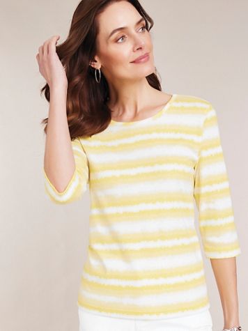 Essential Knit Three-Quarter Sleeve Watercolor Stripe Tee - Image 1 of 7