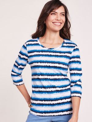 Essentials Women's Plus Essential Knit Three-Quarter Sleeve Watercolor Stripe Tee, Navy Stripe Blue XL
