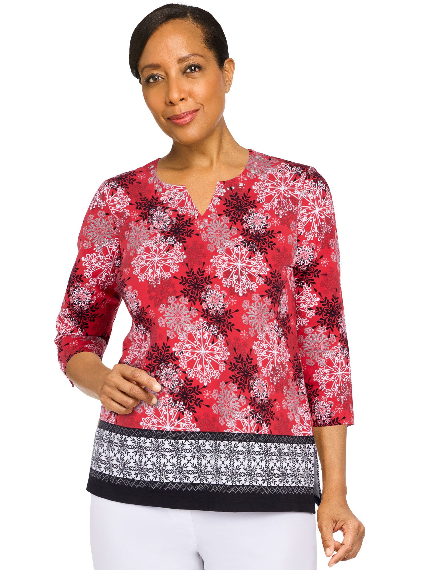 Alfred Dunner Classics Snowflake Border Top