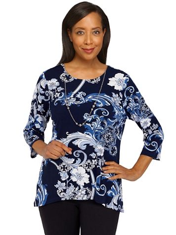 Alfred Dunner Classics Floral Scroll Puff Print Top With Necklace - Image 1 of 6