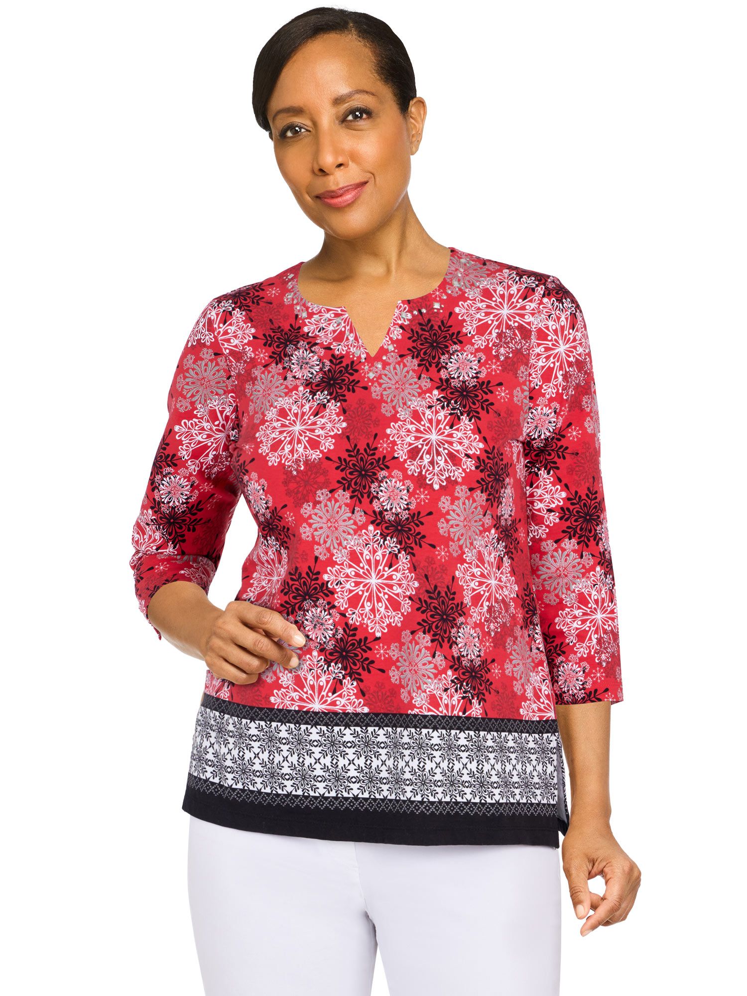 Alfred Dunner Classics Snowflake Border Top