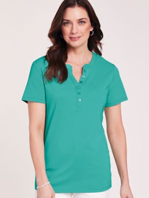 Essentials Women's Plus Short Sleeve Knit Henley, Sea Glass Green 3XL