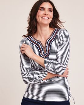 Alfred Dunner® Moody Blues Embroidered Neckline Stripe Top