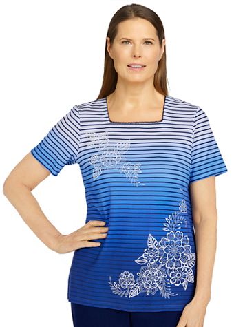 Alfred Dunner® Happy Hour Ombre Striped Floral Knit Top - Image 2 of 2