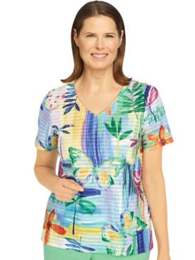 Alfred Dunner® Tropic Zone Butterfly Leaf V-Neck Top