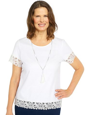 Alfred Dunner® Jean Pool Lace Trim Top With Necklace - Image 1 of 1