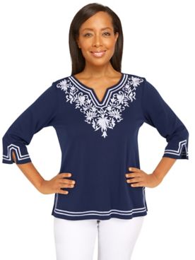 Alfred Dunner® Jean Pool Embroidered Scroll Yoke Top