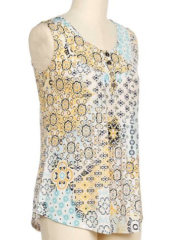 N Touch Sweet Tea Sleeveless Print Placket Top - Image 1 of 1