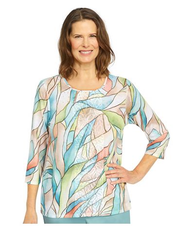 Alfred Dunner® Coconut Grove Leaf Stained Glass 3/4 Sleeve Top - Image 1 of 4