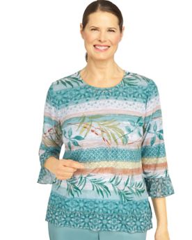 Alfred Dunner® Coconut Grove Texture Leaf Stripe 3/4 Sleeve Top