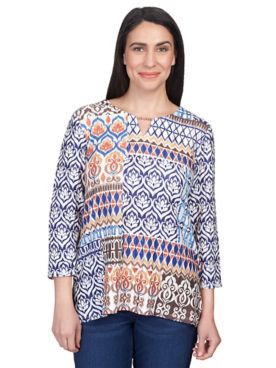 Alfred Dunner® Autumn Weekend Printed Patchwork Split Neck Top