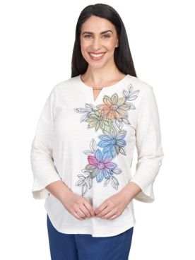 Alfred Dunner® Chelsea Market Asymmetric Flower Embroidery Shirttail Top