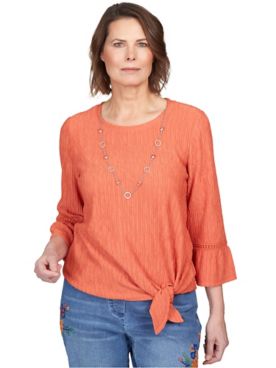 Alfred Dunner® Moody Blues Gauze Tie Front Bell Sleeve Top with Necklace