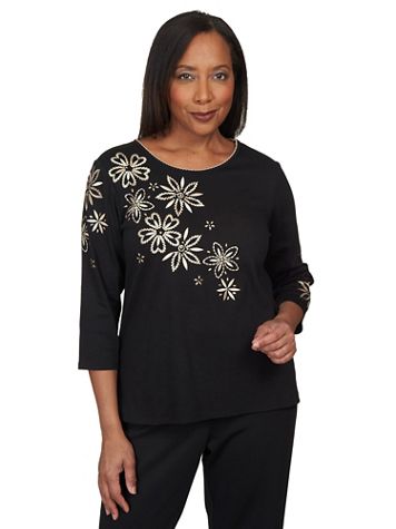 Alfred Dunner® Park Place Spontaneous Flower Embroidery Crew Neck Top - Image 5 of 5