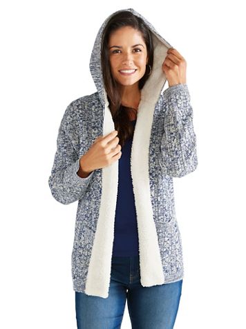 Haband Women’s Sherpa Trim Marled Knit Cable Cardigan with Hood - Image 1 of 4