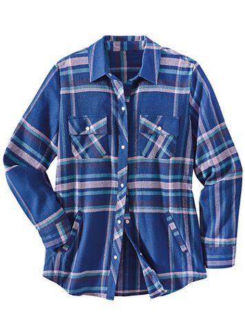 Haband Women’s Snap Front Yarn Dyed Flannel Shirt with Pockets - Image 1 of 2