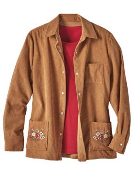 Haband Women’s Snap-Front Corduroy Shirt Jacket with Embroidered Pockets