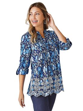 Haband Women's Cotton Embroidered Eyelet Tunic with Pintucks