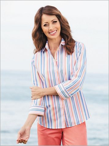 Catalina Stripe ¾ Sleeve Shirt by Foxcroft - Image 1 of 1