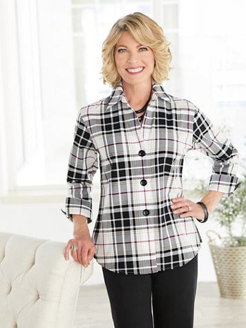 Perfectly Plaid ¾ Sleeve Shirt by Foxcroft - Image 1 of 1