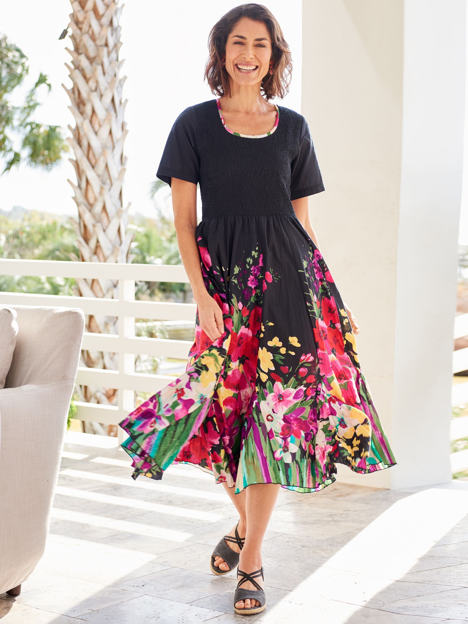 Floral Godet Smocked Dress