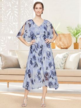Floral Capelet Tea-Length Dress