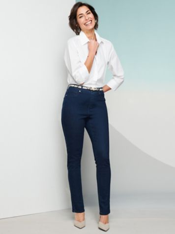 Foxcroft Sateen Bias Stripe Shirt & Slimtacular Flex Fit Denim Slim Jeans