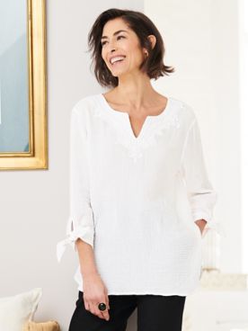 Alfred Dunner Embroidered Yoke Gauze Top