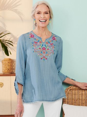 Tencel Denim Embroidered Top - Image 1 of 1