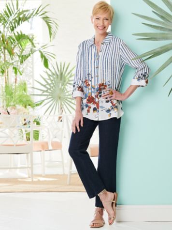 Stripe Shirt Floral Border & Slimtacular Slim Leg Denim Jeans