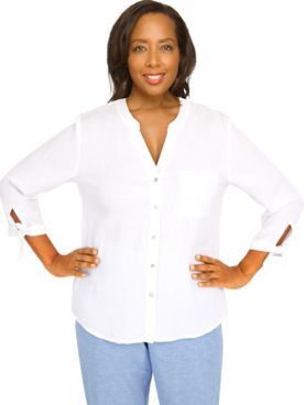 Alfred Dunner® Set Sail Gauze Tie Sleeve Button Down Top