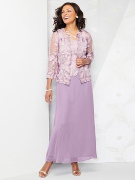 Alex Evenings Long Embroidered Dress With Illusion Jacket