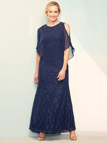 Sequin Lace Dress With Chiffon Poncho - Image 2 of 2
