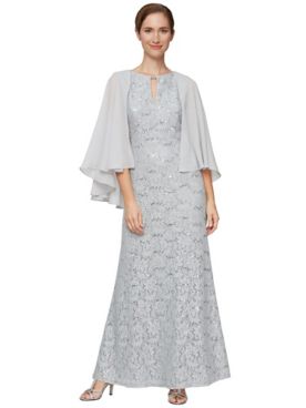 Alex Evenings Attached Cape Long Sequined Lace Gown