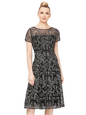 Alex Evenings Embroidered Lace Cap Sleeve T-length Dress