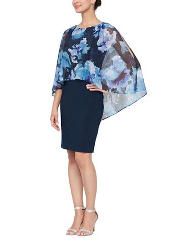 Alex Evenings Attached Cape Shimmer Printed Popover Sheath Dress - Image 2 of 2