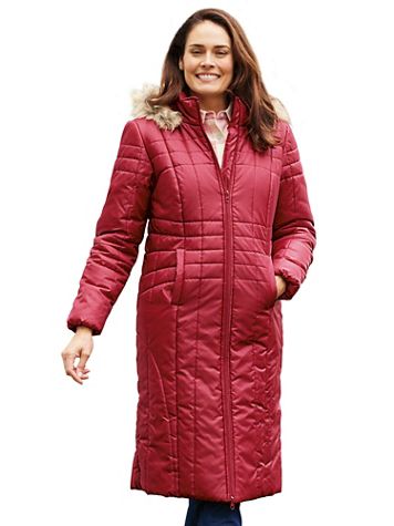 Haband Women's Long Quilted Puffer Jacket with Faux Fur Hood - Image 1 of 3