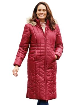 Haband Women's Long Quilted Puffer Jacket with Faux Fur Hood