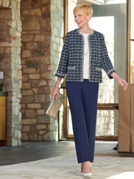 Fringe Trim Boucle Shimmer Jacket & Twill Pants by Alfred Dunner