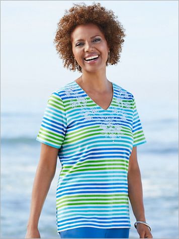 Multi Stripe Floral Embroidered Tee by Alfred Dunner - Image 1 of 1