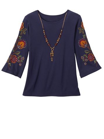 Alfred Dunner Embroidered Sleeve Top With Necklace. - Image 1 of 1
