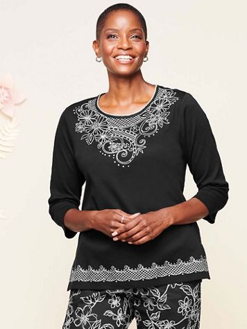 Alfred Dunner Scroll Floral Yoke Knit Top