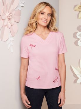 Pintuck Embroidered Dragonfly Tee