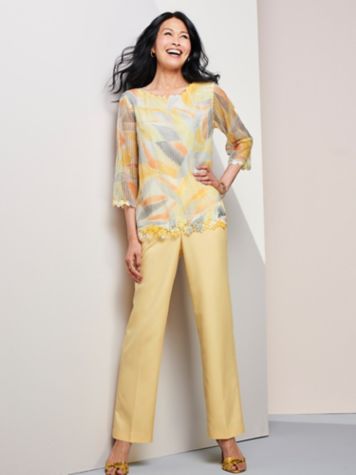 Chapel Hill Mesh Leaf Print Overlay Top & Pants by Alfred Dunner