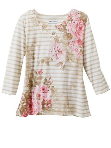 Alfred Dunner Magnolia Springs Asymmetrical Floral Stripe Top - Image 1 of 1