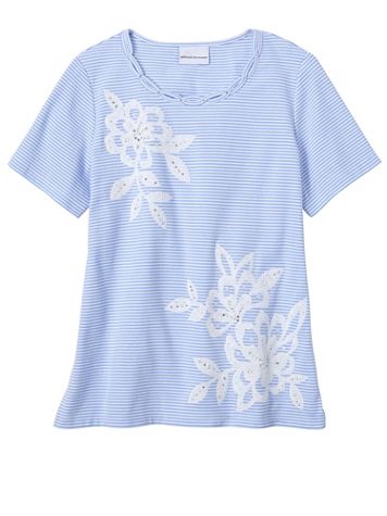 Alfred Dunner Mini Stripe Floral Appliqué Tee - Image 2 of 2